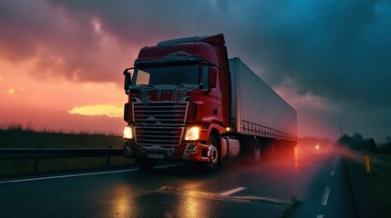 Semi-Truck Driving at Sunset