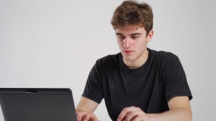 Successful caucasian young man student freelancer using laptop, watching webinars, working remotely, e-learning e-commerce online isolated in white background.