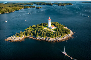 Wall Mural - Aerial view landscape of archipelago of islands with lighthouse in Gulf of Finland, skyline at blue sky background. Amazing natural wild scenery view of Scandinavian nature. Copy ad text space