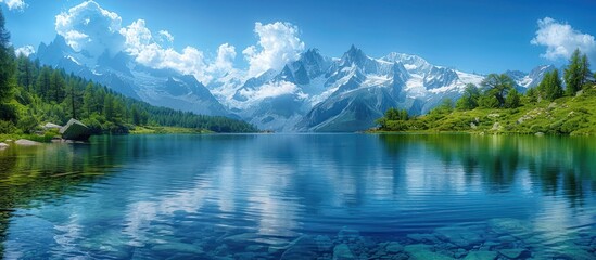 Wall Mural - Crystal Clear Lake Surrounded by Majestic Mountains