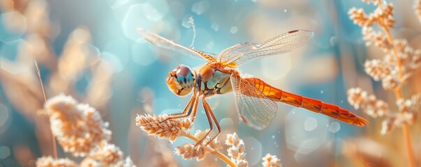 A close-up of a dragonfly on a reed.