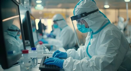 Wall Mural - Wearing protective clothing and working on computer