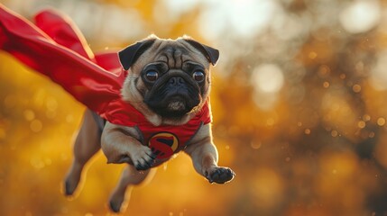 Wall Mural - a superhero dog unlike any other: a charming pug, adorned in a vibrant red cloak and mask, showcasing its flying prowess against a backdrop of sunny yellow.