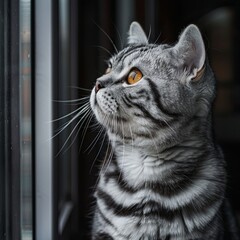 Wall Mural - one American shorthair silver tabby cat look up beside the window with reflection