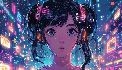 Japanese cartoon incorporating coding symbols, gaming elements, and feminine charm, set against a dynamic techthemed background