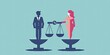 © Anna Iluschenko - Silhouettes of a woman and a man standing on scales symbolizing equal pay while holding the balance. A symbol of equal pay for men and women. International Equal Pay Day. Vector illustration.