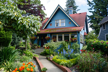 Beautiful house in the garden ,classic two storey house with flower garden at sunny summer day 
