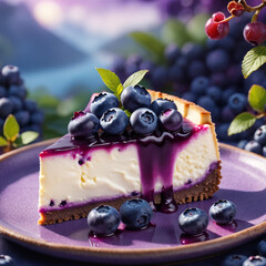 A cheesecake with Blueberry in Purple colored natural background