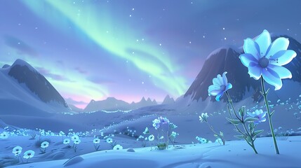 Poster - Ethereal Glow Blue Flowers Blooming Under the Aurora Borealis.