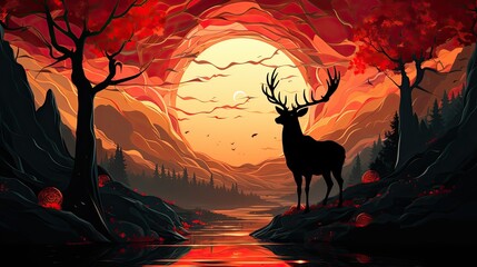 Poster - 3D modern wallpaper with blue forest background, golden deer, black tree, mountain, moon, and birds. Suitable as wall frame. Generative A 