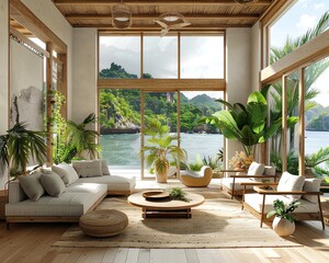 Living room in boho style with large windows, sea view, tropical plants, sofa, armchairs, coffee table, wooden accessories, modern and cozy