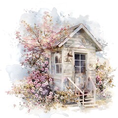 Canvas Print - Watercolor Illustration of a Quaint Cottage Surrounded by Delicate Flowers.