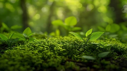 Wall Mural - Green Leaves and Moss in a Forest - Close-up Photography