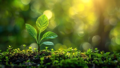 Green leaf with sunlight, bokeh background, new sprout on mossy ground in spring forest, World Wildlife Day banner