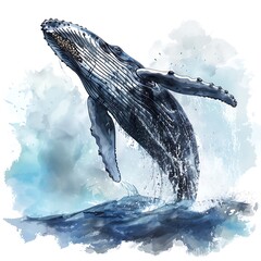 Sticker - Watercolor Illustration of a Humpback Whale Leaping from the Ocean.