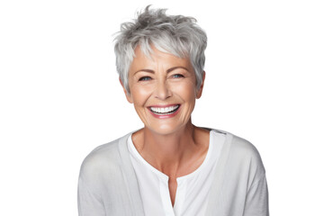 happy elderly woman with short hair and bright smile isolated on white background