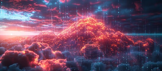Wall Mural - Digital Cloud Computing Concept with Sunset and Digital Rain