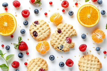 Wall Mural - Fresh cookie surrounded by berries and oranges on a white background