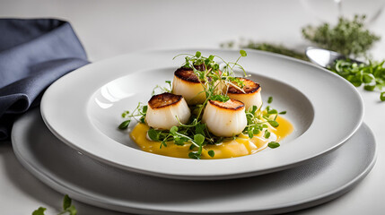 Wall Mural - Fine dining at its best with seared scallops paired with a silky cauliflower puree and fresh microgreens. An elegant and luxurious dish showcasing refined flavors and textures.