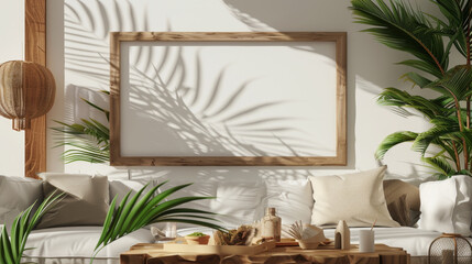 Wall Mural - Minimalist living room interior with empty wooden frame mockup a