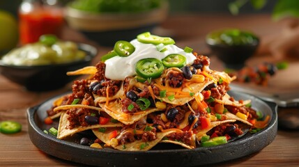 Wall Mural - Cheesy nachos, layered and topped,