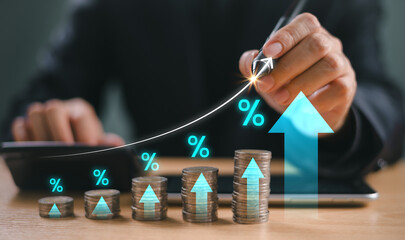 Money interest rate increase concept, percentage commission credit. Grow up stock risk management. Bank policy price raise. Businessman with coin, calculate high percentage of company profit dividend