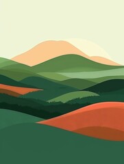 A stylized illustration of a mountain landscape with green hills, orange swirls, and a soft white sky