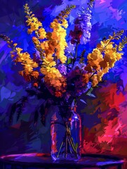 Poster - A bouquet of yellow, orange, and purple flowers sits in a glass jar on a table, with a vibrant blue background