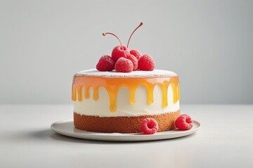 Wall Mural - A custard cake on plate isolated on a transparent background, dreamy tone, horizontal composition