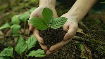 Wall Mural - A hand gently supports a young plant growing in a sunlit forest, symbolizing care and environmental stewardship..