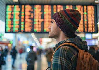 Wall Mural - A young traveler with a backpack and winter attire checking flight information on a display board at a busy airport terminal..