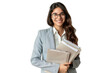 © venusvi - Cheerful woman supervisor holding documents Isolated on white background