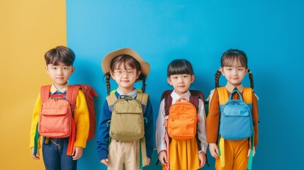 group of children with backpack and different clothes on colorful background