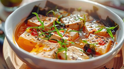 Wall Mural - Appetizing bowl of tofu soup with herbs and spices, captured in warm, inviting light. Perfect for food and culinary photography needs.