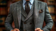 © amixstudio - A well-dressed man in a stylish gray herringbone suit, featuring a double-breasted vest and a patterned tie. He is adjusting his suit jacket, exuding confidence and sophistication.