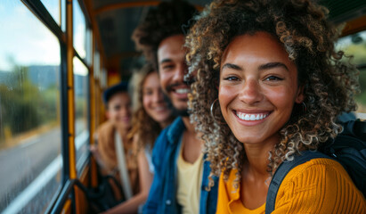 Happy Travelers On A Bus Ride. A group of friends smile for the camera while riding on a bus, enjoying their journey.