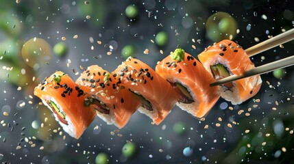 Wall Mural - Fresh sushi rolls close-up with chopsticks. Vibrant Japanese food photography for culinary use. High-resolution image captures every detail of the sushi. 