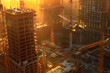 © Victor Bertrand - Tall skyscrapers under construction, bathed in the golden light of sunrise, showcasing the dynamic energy of urban development.