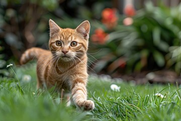 A Ginger Kitten Explores a Lush Green Garden