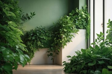 Sticker - Interior design with wall covered in lush greenery and white planters fresh and natural atmosphere