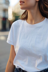 Female woman wearing empty blank white t-shirt mockup, fashion design template concept banner, walking on the urban street, blurry background.