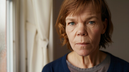 Pensive middle-aged woman with serious expression by the window