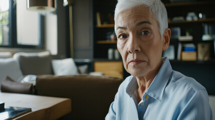 Elderly woman with serious expression sitting in modern living room