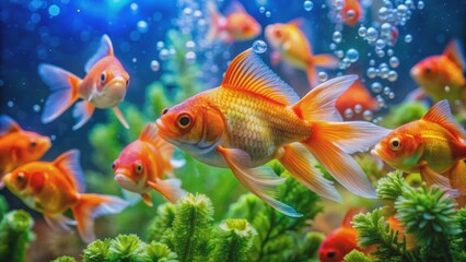 Vibrant orange goldfish swim lazily around decorative coral and seaweed in a serene, well-lit, transparent glass aquarium environment.