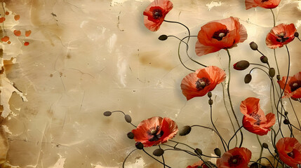 Wall Mural - Vintage paper with red poppy design