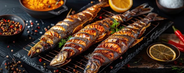 Wall Mural - Delicious grilled fish on a black grill plate, garnished with herbs and lemon slices. A vibrant and appetizing seafood presentation.