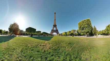 Panoramic view of Eiffel Tower and Champ de Mars. Sunny day with clear blue sky. Modern architecture and iconic monument. Perfect for travel and tourism projects. AI