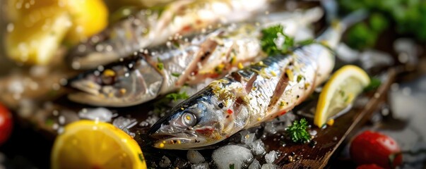 Wall Mural - Freshly caught fish on a wooden board with ice, garnished with lemon, parsley, and cherry tomatoes, showcasing a seafood preparation.