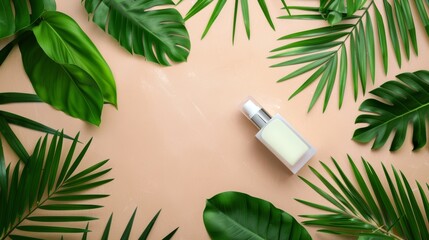 Wall Mural - Tropical Skincare Product with Green Leaves