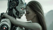 © Prasanth - Cyborg robot and woman hugging together, futuristic cyber loving couple, romance with artificial intelligence